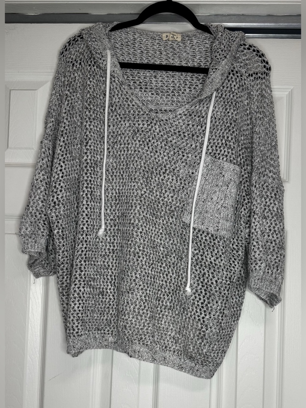 POL Gray and White Weaved Open Knit Hooded Sweater - Size S